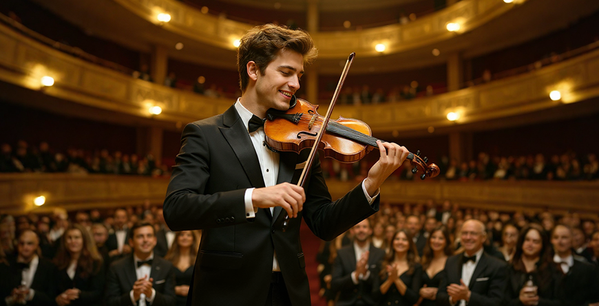 Violinista vestido de traje tocando en un teatro lleno de público.