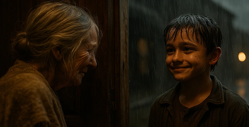 Niño mojado entrega un volante a una mujer triste en su puerta