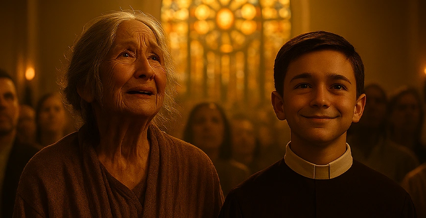 Niño y mujer en una iglesia, símbolo de fe y gratitud.