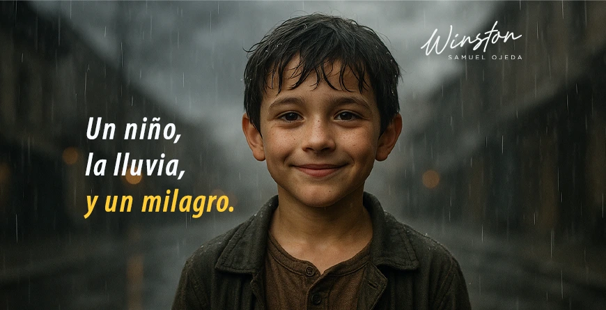 Niño bajo la lluvia, símbolo de fe y esperanza.